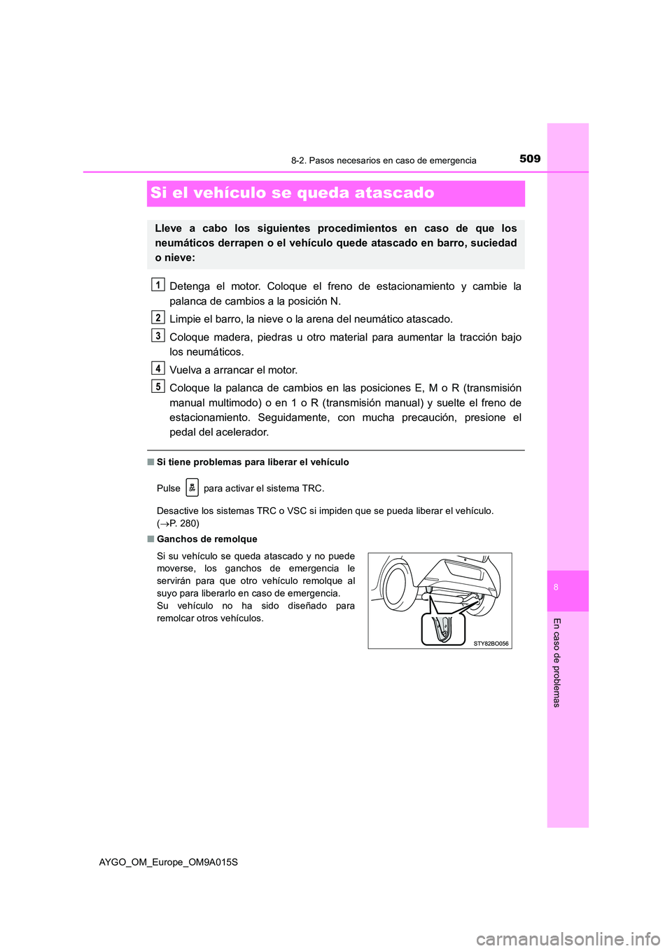TOYOTA AYGO 2021  Manual del propietario (in Spanish) 5098-2. Pasos necesarios en caso de emergencia
8
En caso de problemas
AYGO_OM_Europe_OM9A015S
Si el vehículo se queda atascado
Detenga el motor. Coloque el freno de estacionamiento y cambie la 
palan