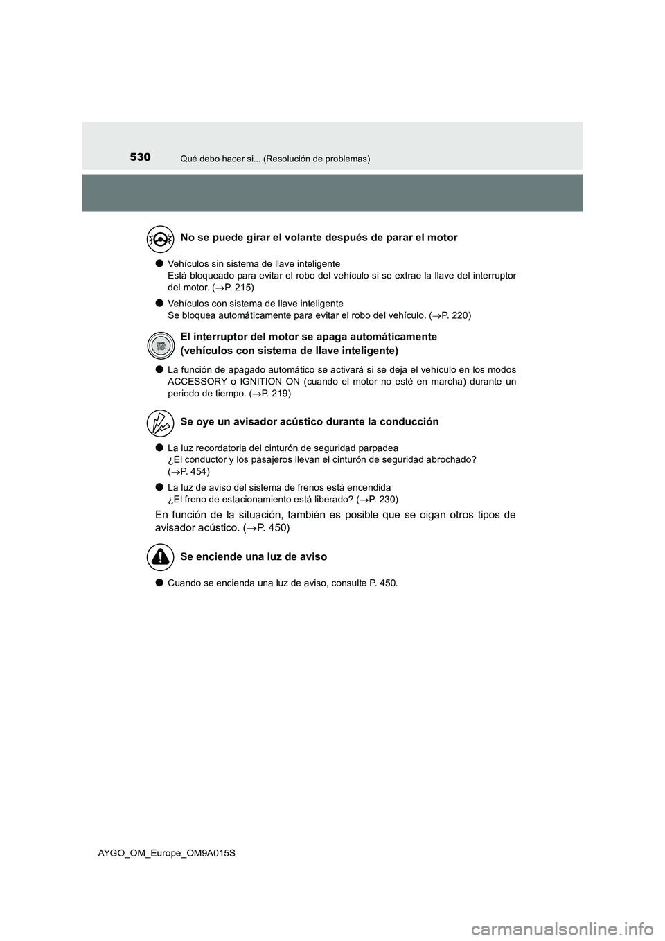 TOYOTA AYGO 2021  Manual del propietario (in Spanish) 530Qué debo hacer si... (Resolución de problemas)
AYGO_OM_Europe_OM9A015S
●Vehículos sin sistema de llave inteligente  
Está bloqueado para evitar el robo del vehículo si se extrae la llave del