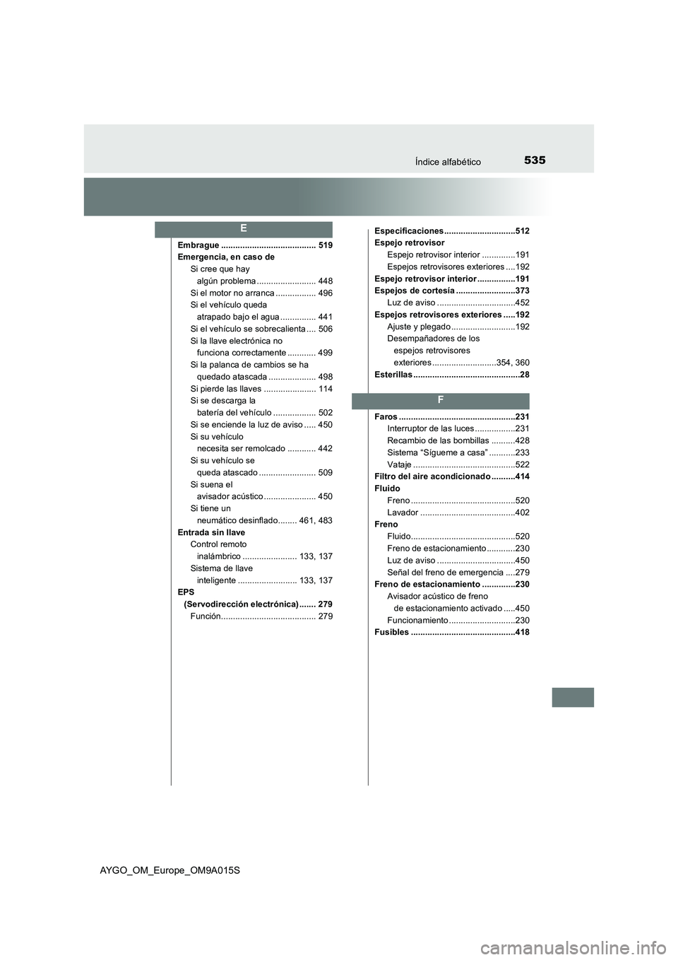 TOYOTA AYGO 2021  Manual del propietario (in Spanish) 535Índice alfabético
AYGO_OM_Europe_OM9A015S
Embrague ........................................ 519
Emergencia, en caso de
Si cree que hay 
algún problema ......................... 448
Si el motor n