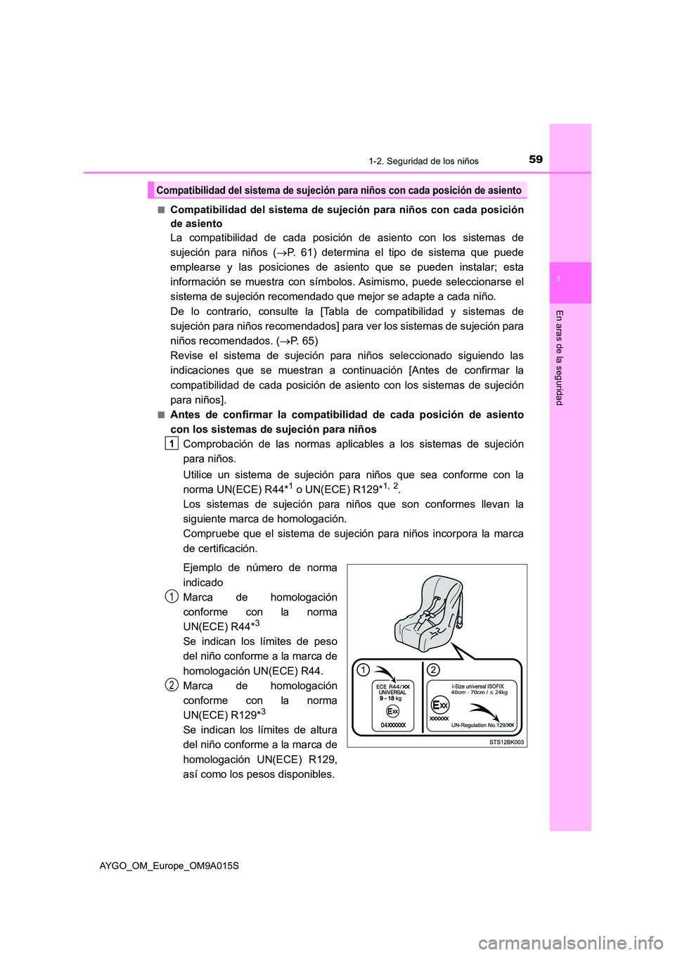 TOYOTA AYGO 2021 Manual del propietario (in Spanish) 591-2. Seguridad de los niños
1
En aras de la seguridad
AYGO_OM_Europe_OM9A015S
■Compatibilidad del sistema de sujeción para niños con cada posición
de asiento
La compatibilidad de cada posici TOYOTA AYGO 2021 Manual del propietario (in Spanish) 591-2. Seguridad de los niños
1
En aras de la seguridad
AYGO_OM_Europe_OM9A015S
■Compatibilidad del sistema de sujeción para niños con cada posición
de asiento
La compatibilidad de cada posici