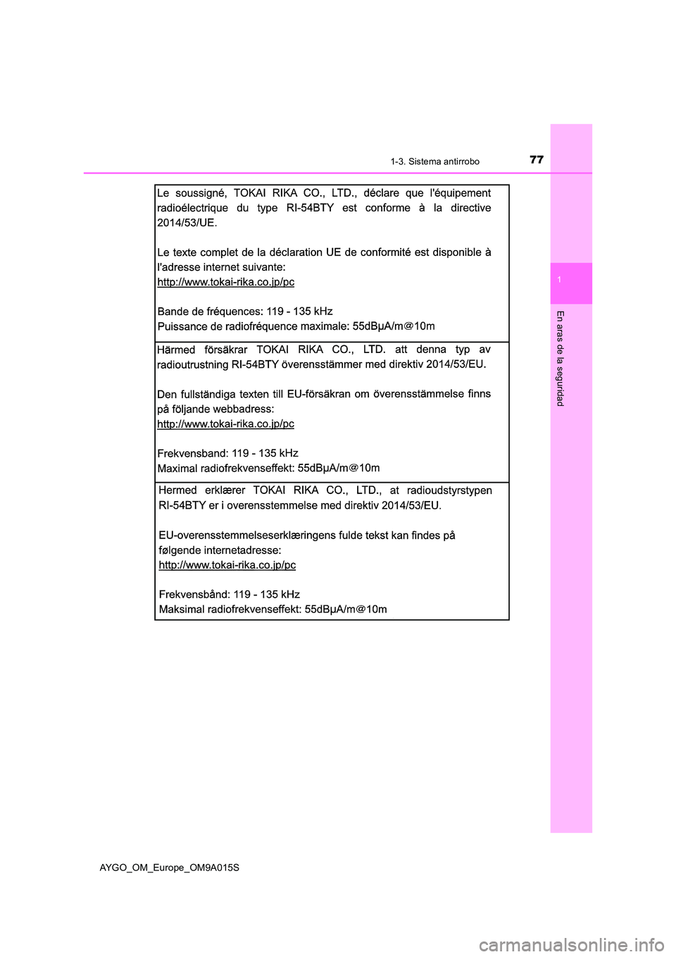 TOYOTA AYGO 2021 Manual del propietario (in Spanish) 771-3. Sistema antirrobo
1
En aras de la seguridad
AYGO_OM_Europe_OM9A015S TOYOTA AYGO 2021 Manual del propietario (in Spanish) 771-3. Sistema antirrobo
1
En aras de la seguridad
AYGO_OM_Europe_OM9A015S