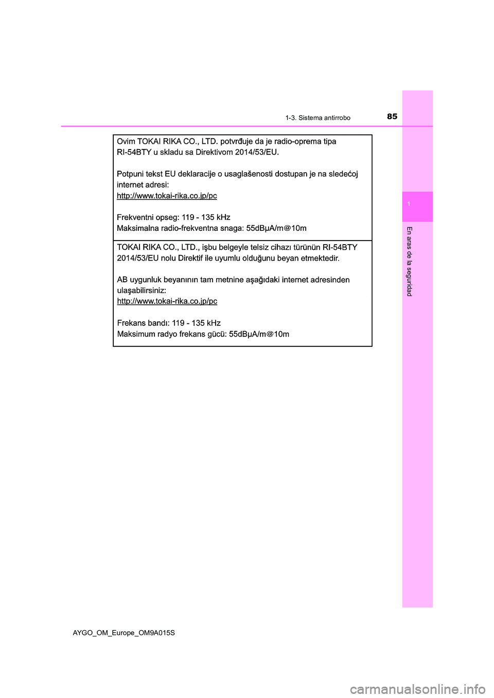 TOYOTA AYGO 2021 Manual del propietario (in Spanish) 851-3. Sistema antirrobo
1
En aras de la seguridad
AYGO_OM_Europe_OM9A015S TOYOTA AYGO 2021 Manual del propietario (in Spanish) 851-3. Sistema antirrobo
1
En aras de la seguridad
AYGO_OM_Europe_OM9A015S