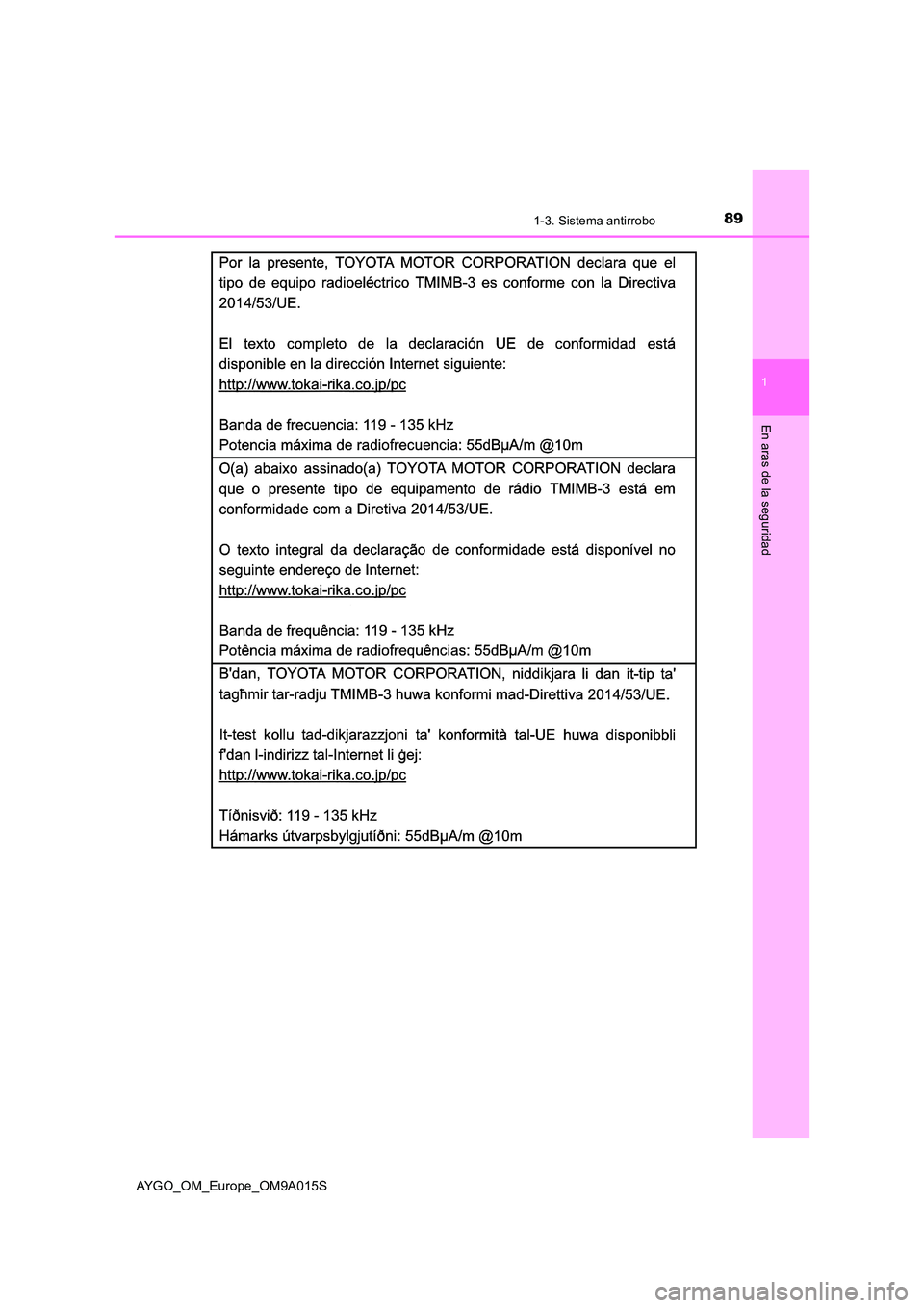 TOYOTA AYGO 2021  Manual del propietario (in Spanish) 891-3. Sistema antirrobo
1
En aras de la seguridad
AYGO_OM_Europe_OM9A015S 