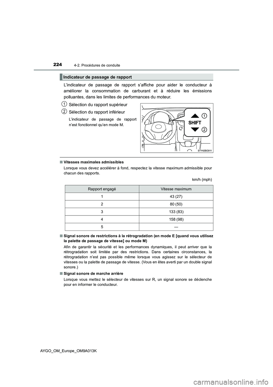 TOYOTA AYGO 2021  Manuel du propriétaire (in French) 2244-2. Procédures de conduite
AYGO_OM_Europe_OM9A013K
L’indicateur de passage de rapport s’affiche pour aider le conducteur à
améliorer la consommation de carburant et à réduire les émissio