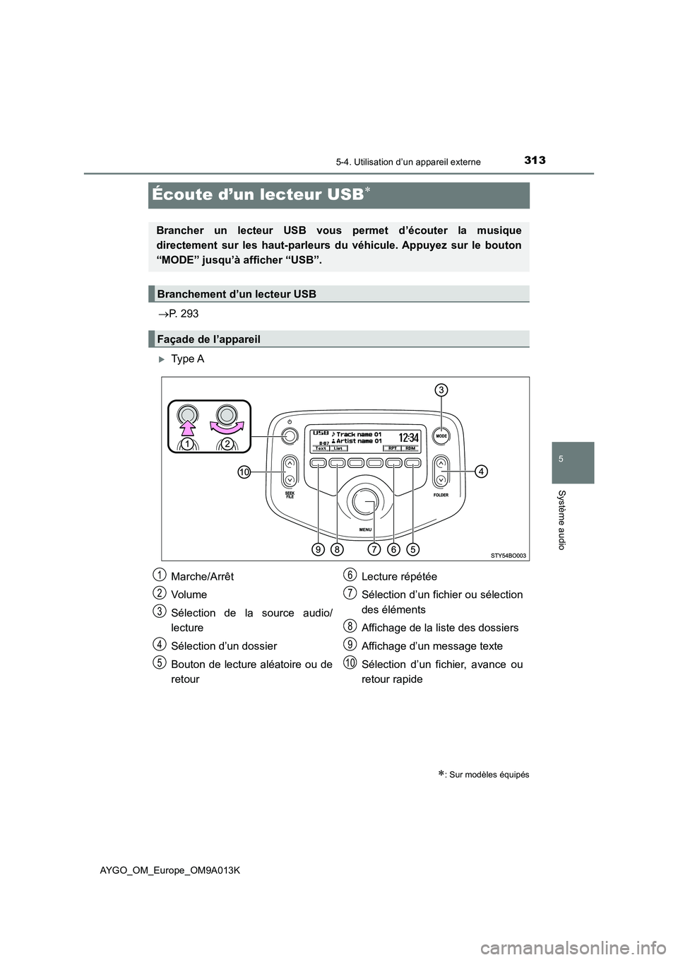 TOYOTA AYGO 2021 Manuel du propriétaire (in French) 313
5
5-4. Utilisation d’un appareil externe
Système audio
AYGO_OM_Europe_OM9A013K
Écoute d’un lecteur USB
P. 293
Type A
: Sur modèles équipés
Brancher un lecteur USB vous permet TOYOTA AYGO 2021 Manuel du propriétaire (in French) 313
5
5-4. Utilisation d’un appareil externe
Système audio
AYGO_OM_Europe_OM9A013K
Écoute d’un lecteur USB
P. 293
Type A
: Sur modèles équipés
Brancher un lecteur USB vous permet