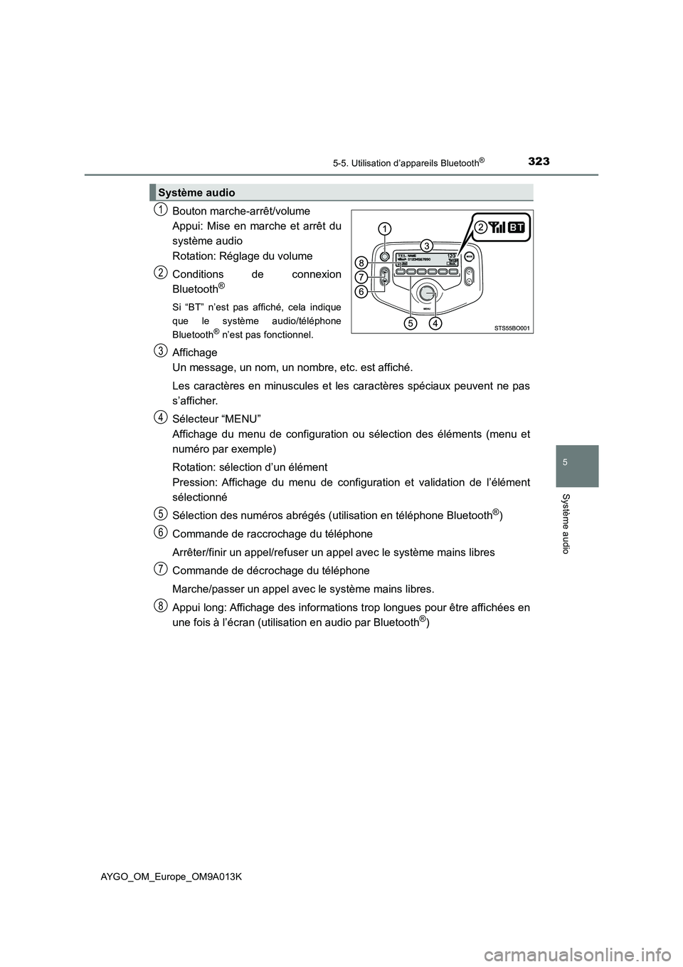 TOYOTA AYGO 2021 Manuel du propriétaire (in French) 3235-5. Utilisation d’appareils Bluetooth®
5
Système audio
AYGO_OM_Europe_OM9A013K
Bouton marche-arrêt/volume
Appui: Mise en marche et arrêt du
système audio
Rotation: Réglage du volume
Condit TOYOTA AYGO 2021 Manuel du propriétaire (in French) 3235-5. Utilisation d’appareils Bluetooth®
5
Système audio
AYGO_OM_Europe_OM9A013K
Bouton marche-arrêt/volume
Appui: Mise en marche et arrêt du
système audio
Rotation: Réglage du volume
Condit