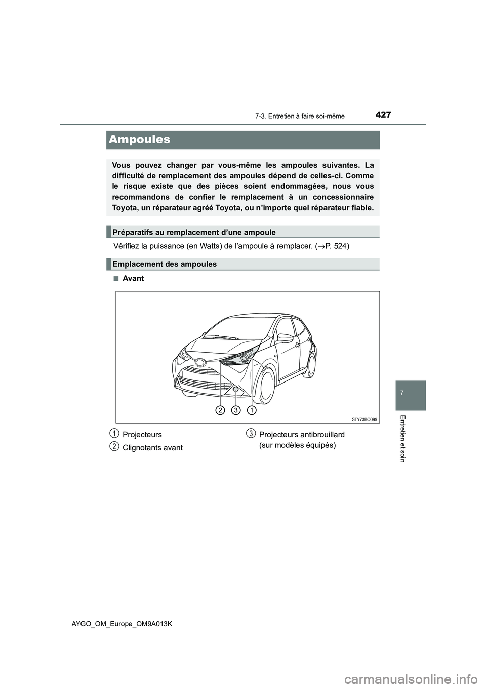 TOYOTA AYGO 2021 Manuel du propriétaire (in French) 4277-3. Entretien à faire soi-même
7
Entretien et soin
AYGO_OM_Europe_OM9A013K
Ampoules
Vérifiez la puissance (en Watts) de l’ampoule à remplacer. (P. 524)
■Avant
Vous pouvez changer par vo TOYOTA AYGO 2021 Manuel du propriétaire (in French) 4277-3. Entretien à faire soi-même
7
Entretien et soin
AYGO_OM_Europe_OM9A013K
Ampoules
Vérifiez la puissance (en Watts) de l’ampoule à remplacer. (P. 524)
■Avant
Vous pouvez changer par vo