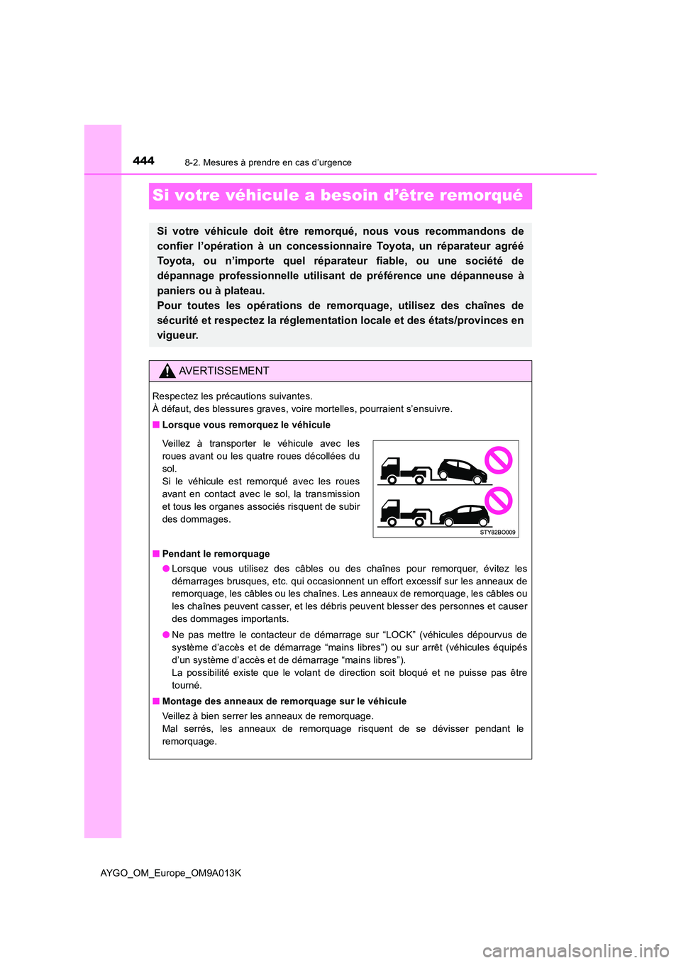 TOYOTA AYGO 2021 Manuel du propriétaire (in French) 4448-2. Mesures à prendre en cas d’urgence
AYGO_OM_Europe_OM9A013K
Si votre véhicule a besoin d’être remorqué
Si votre véhicule doit être remorqué, nous vous recommandons de
confier l’op TOYOTA AYGO 2021 Manuel du propriétaire (in French) 4448-2. Mesures à prendre en cas d’urgence
AYGO_OM_Europe_OM9A013K
Si votre véhicule a besoin d’être remorqué
Si votre véhicule doit être remorqué, nous vous recommandons de
confier l’op