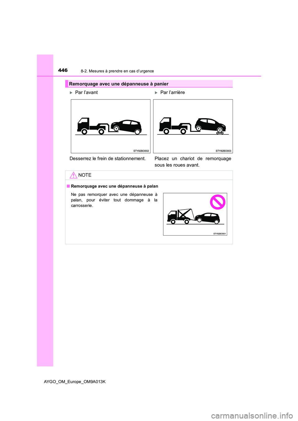 TOYOTA AYGO 2021 Manuel du propriétaire (in French) 4468-2. Mesures à prendre en cas d’urgence
AYGO_OM_Europe_OM9A013K
Remorquage avec une dépanneuse à panier
Par l’avantPar l’arrière
Desserrez le frein de stationnement. Placez un ch TOYOTA AYGO 2021 Manuel du propriétaire (in French) 4468-2. Mesures à prendre en cas d’urgence
AYGO_OM_Europe_OM9A013K
Remorquage avec une dépanneuse à panier
Par l’avantPar l’arrière
Desserrez le frein de stationnement. Placez un ch
