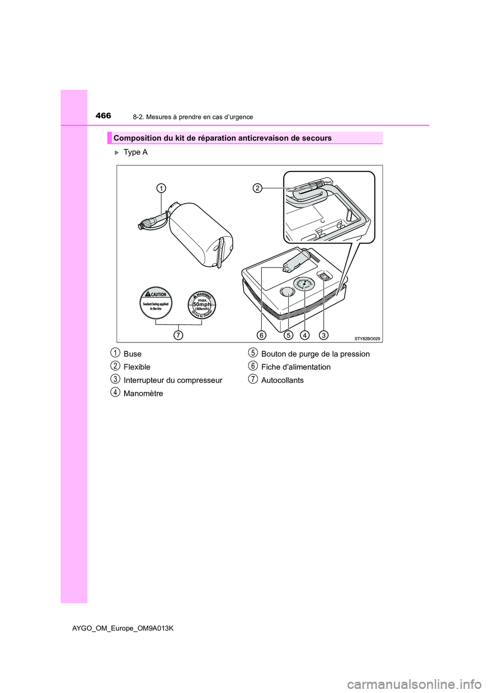 TOYOTA AYGO 2021 Manuel du propriétaire (in French) 4668-2. Mesures à prendre en cas d’urgence
AYGO_OM_Europe_OM9A013K
Type A
Composition du kit de réparation anticrevaison de secours
Buse
Flexible
Interrupteur du compresseur
Manomètre
Bouto TOYOTA AYGO 2021 Manuel du propriétaire (in French) 4668-2. Mesures à prendre en cas d’urgence
AYGO_OM_Europe_OM9A013K
Type A
Composition du kit de réparation anticrevaison de secours
Buse
Flexible
Interrupteur du compresseur
Manomètre
Bouto