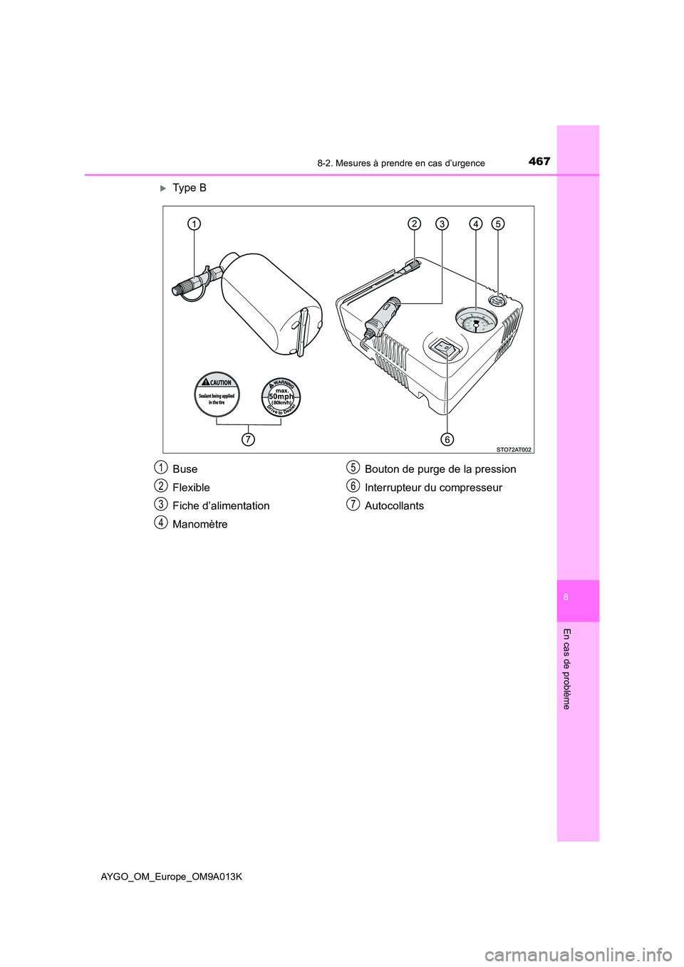 TOYOTA AYGO 2021 Manuel du propriétaire (in French) 4678-2. Mesures à prendre en cas d’urgence
8
En cas de problème
AYGO_OM_Europe_OM9A013K
Type B
Buse
Flexible
Fiche d’alimentation
Manomètre
Bouton de purge de la pression
Interrupteur du TOYOTA AYGO 2021 Manuel du propriétaire (in French) 4678-2. Mesures à prendre en cas d’urgence
8
En cas de problème
AYGO_OM_Europe_OM9A013K
Type B
Buse
Flexible
Fiche d’alimentation
Manomètre
Bouton de purge de la pression
Interrupteur du
