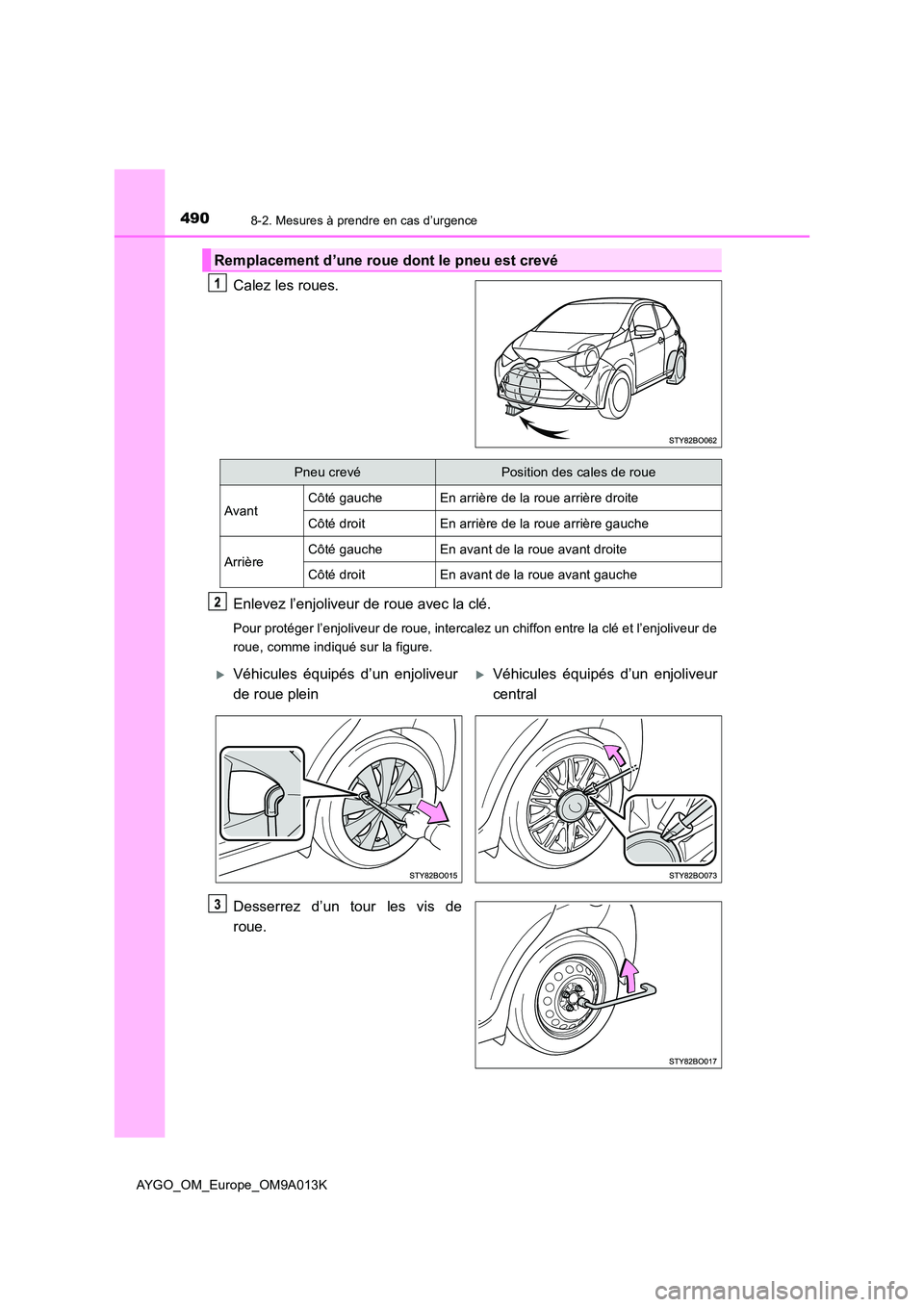 TOYOTA AYGO 2021 Manuel du propriétaire (in French) 4908-2. Mesures à prendre en cas d’urgence
AYGO_OM_Europe_OM9A013K
Calez les roues.
Enlevez l’enjoliveur de roue avec la clé.
Pour protéger l’enjoliveur de roue, intercalez un chiffon entre TOYOTA AYGO 2021 Manuel du propriétaire (in French) 4908-2. Mesures à prendre en cas d’urgence
AYGO_OM_Europe_OM9A013K
Calez les roues.
Enlevez l’enjoliveur de roue avec la clé.
Pour protéger l’enjoliveur de roue, intercalez un chiffon entre