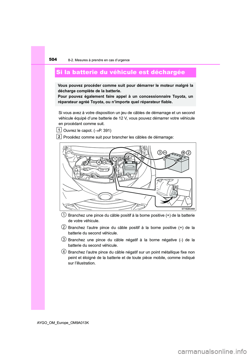 TOYOTA AYGO 2021  Manuel du propriétaire (in French) 5048-2. Mesures à prendre en cas d’urgence
AYGO_OM_Europe_OM9A013K
Si la batterie du véhicule est déchargée
Si vous avez à votre disposition un jeu de câbles de démarrage et un second 
véhic