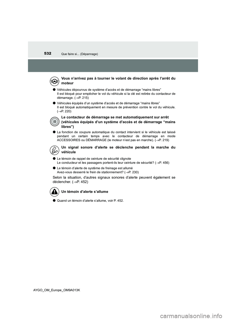 TOYOTA AYGO 2021  Manuel du propriétaire (in French) 532Que faire si... (Dépannage)
AYGO_OM_Europe_OM9A013K
●Véhicules dépourvus de système d’accès et de démarrage “mains libres”  
Il est bloqué pour empêcher le vol du véhicule si la cl
