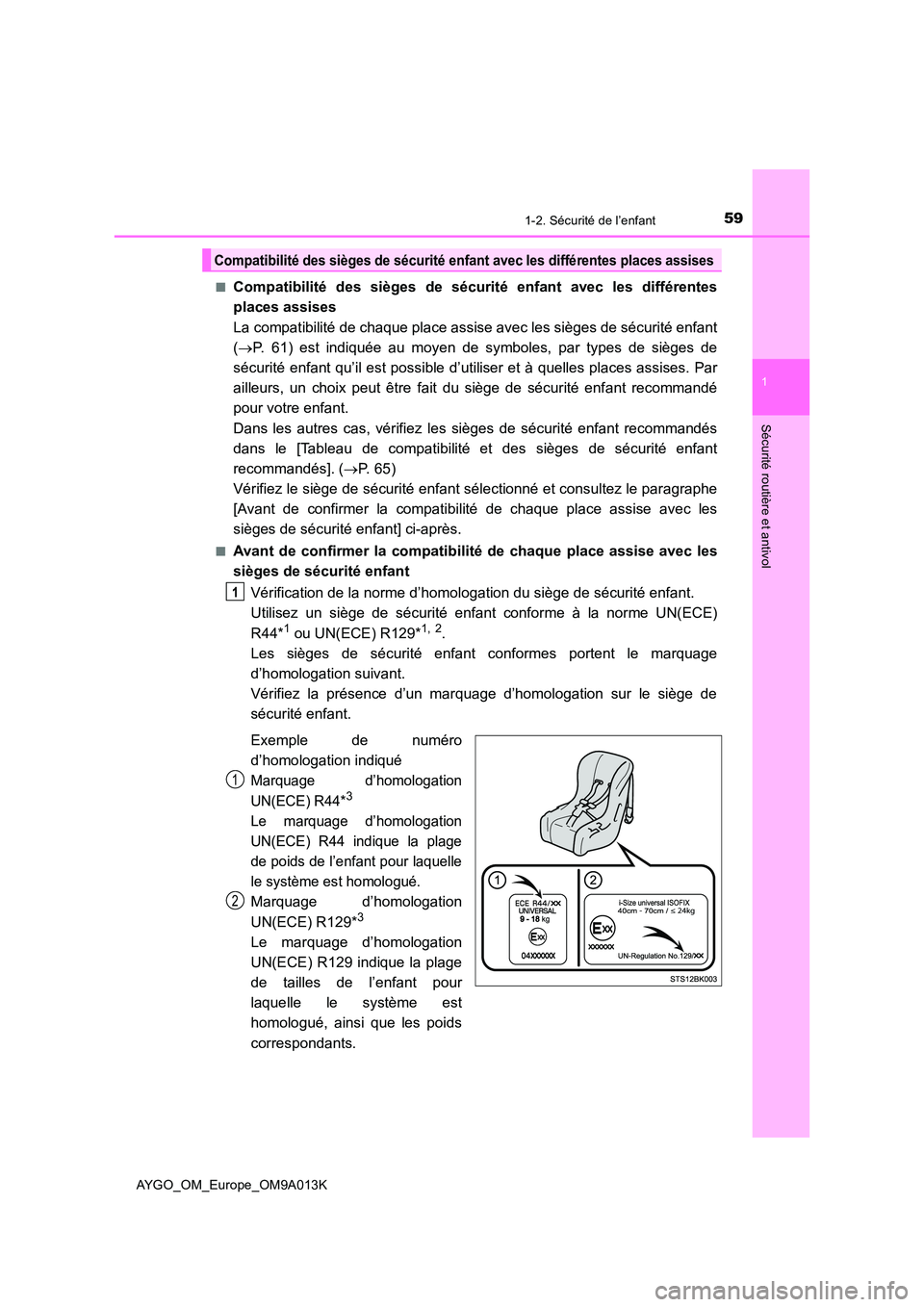 TOYOTA AYGO 2021 Manuel du propriétaire (in French) 591-2. Sécurité de l’enfant
1
Sécurité routière et antivol
AYGO_OM_Europe_OM9A013K
■Compatibilité des sièges de sécurité enfant avec les différentes
places assises
La compatibilité d TOYOTA AYGO 2021 Manuel du propriétaire (in French) 591-2. Sécurité de l’enfant
1
Sécurité routière et antivol
AYGO_OM_Europe_OM9A013K
■Compatibilité des sièges de sécurité enfant avec les différentes
places assises
La compatibilité d