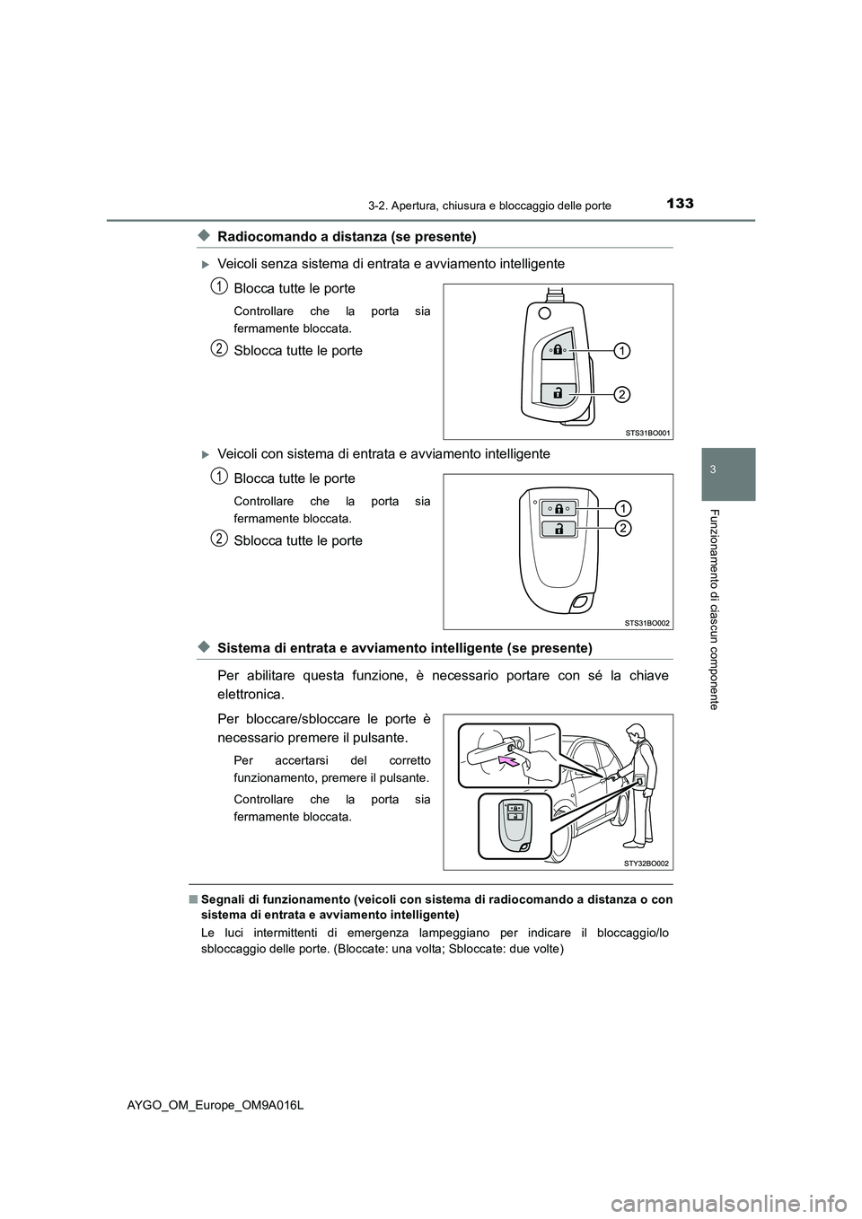 TOYOTA AYGO 2021 Manuale duso (in Italian) 1333-2. Apertura, chiusura e bloccaggio delle porte
3
Funzionamento di ciascun componente
AYGO_OM_Europe_OM9A016L
◆Radiocomando a distanza (se presente)
Veicoli senza sistema di entrata e avviame TOYOTA AYGO 2021 Manuale duso (in Italian) 1333-2. Apertura, chiusura e bloccaggio delle porte
3
Funzionamento di ciascun componente
AYGO_OM_Europe_OM9A016L
◆Radiocomando a distanza (se presente)
Veicoli senza sistema di entrata e avviame