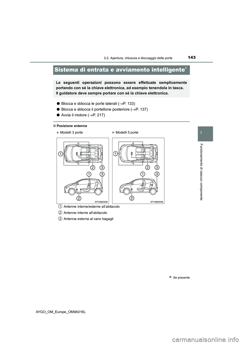TOYOTA AYGO 2021 Manuale duso (in Italian) 143
3
3-2. Apertura, chiusura e bloccaggio delle porte
Funzionamento di ciascun componente
AYGO_OM_Europe_OM9A016L
Sistema di entrata e avviamento intelligente
●Blocca e sblocca le porte laterali TOYOTA AYGO 2021 Manuale duso (in Italian) 143
3
3-2. Apertura, chiusura e bloccaggio delle porte
Funzionamento di ciascun componente
AYGO_OM_Europe_OM9A016L
Sistema di entrata e avviamento intelligente
●Blocca e sblocca le porte laterali