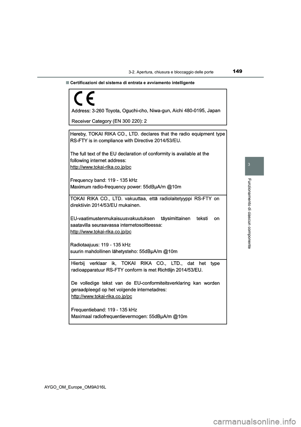 TOYOTA AYGO 2021 Manuale duso (in Italian) 1493-2. Apertura, chiusura e bloccaggio delle porte
3
Funzionamento di ciascun componente
AYGO_OM_Europe_OM9A016L■Certificazioni del sistema di entrata e avviamento intelligente TOYOTA AYGO 2021 Manuale duso (in Italian) 1493-2. Apertura, chiusura e bloccaggio delle porte
3
Funzionamento di ciascun componente
AYGO_OM_Europe_OM9A016L■Certificazioni del sistema di entrata e avviamento intelligente