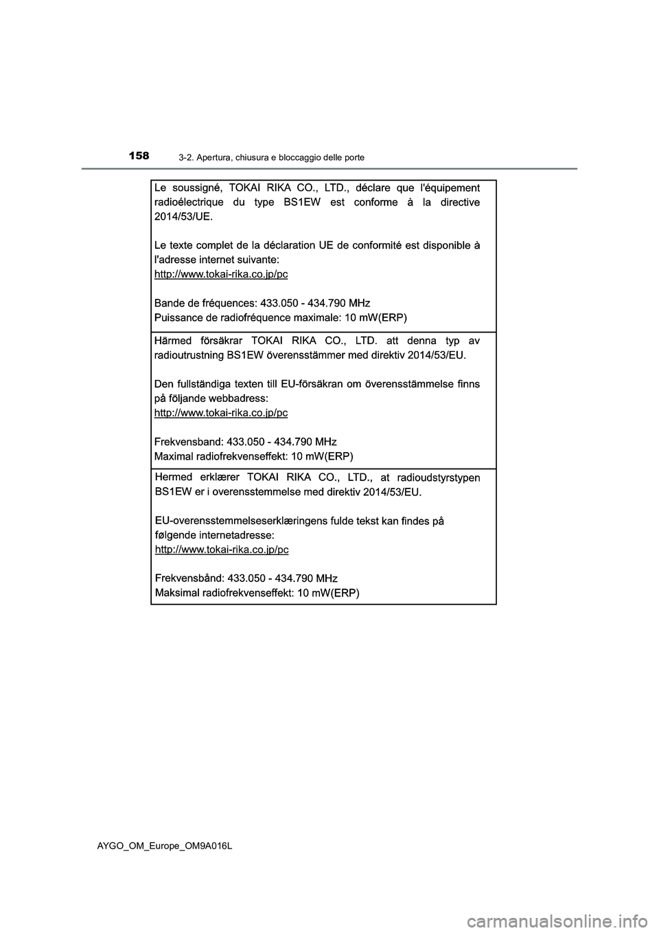 TOYOTA AYGO 2021 Manuale duso (in Italian) 1583-2. Apertura, chiusura e bloccaggio delle porte
AYGO_OM_Europe_OM9A016L TOYOTA AYGO 2021 Manuale duso (in Italian) 1583-2. Apertura, chiusura e bloccaggio delle porte
AYGO_OM_Europe_OM9A016L