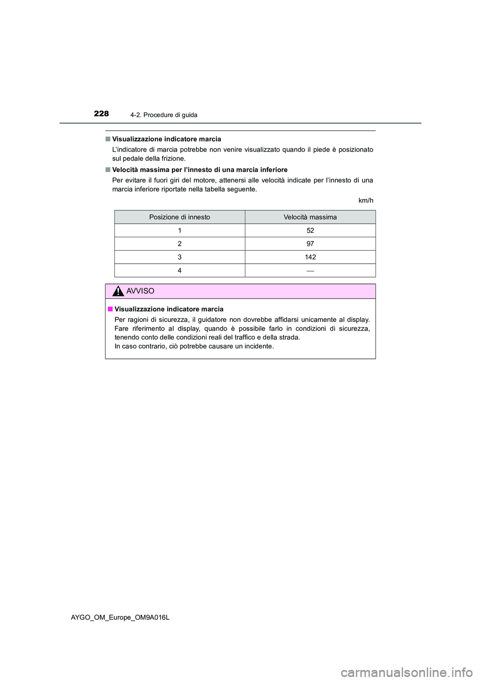 TOYOTA AYGO 2021 Manuale duso (in Italian) 2284-2. Procedure di guida
AYGO_OM_Europe_OM9A016L
■Visualizzazione indicatore marcia
L’indicatore di marcia potrebbe non venire visualizzato quando il piede è posizionato
sul pedale della friz TOYOTA AYGO 2021 Manuale duso (in Italian) 2284-2. Procedure di guida
AYGO_OM_Europe_OM9A016L
■Visualizzazione indicatore marcia
L’indicatore di marcia potrebbe non venire visualizzato quando il piede è posizionato
sul pedale della friz