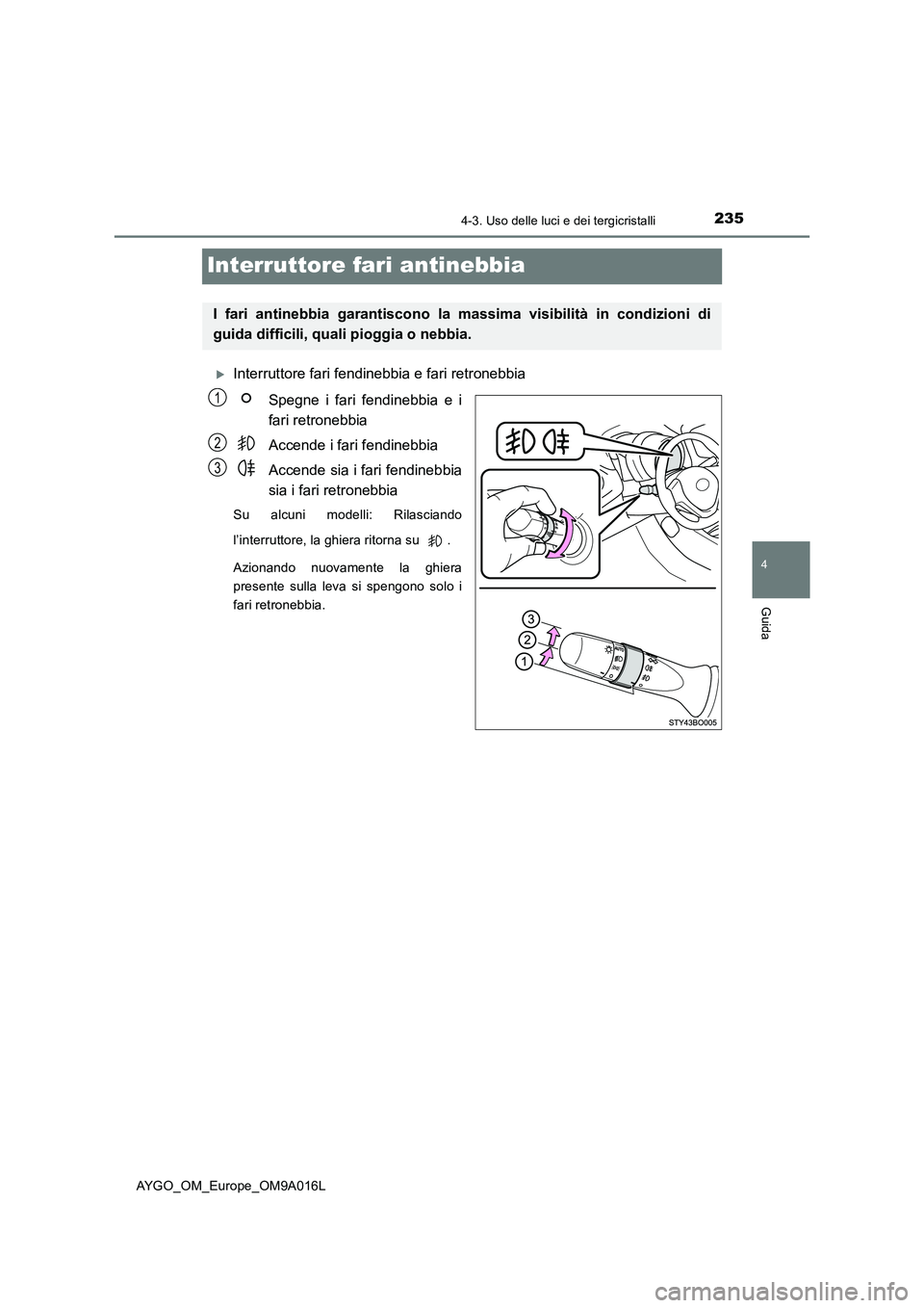 TOYOTA AYGO 2021 Manuale duso (in Italian) 235
4
4-3. Uso delle luci e dei tergicristalli
Guida
AYGO_OM_Europe_OM9A016L
Interruttore fari antinebbia
Interruttore fari fendinebbia e fari retronebbia
Spegne i fari fendinebbia e i
fari retrone TOYOTA AYGO 2021 Manuale duso (in Italian) 235
4
4-3. Uso delle luci e dei tergicristalli
Guida
AYGO_OM_Europe_OM9A016L
Interruttore fari antinebbia
Interruttore fari fendinebbia e fari retronebbia
Spegne i fari fendinebbia e i
fari retrone