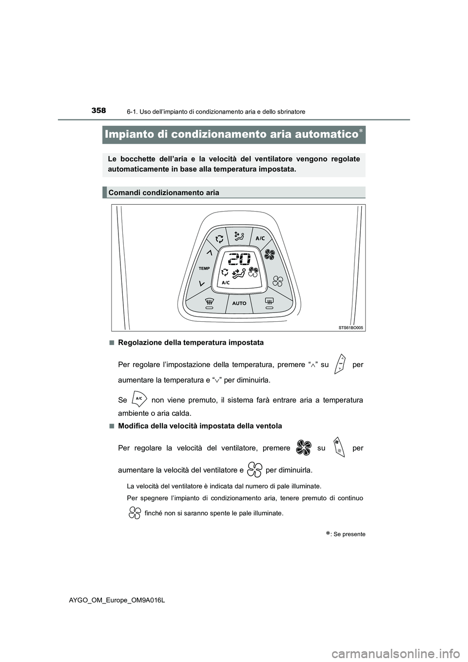 TOYOTA AYGO 2021 Manuale duso (in Italian) 3586-1. Uso dell’impianto di condizionamento aria e dello sbrinatore
AYGO_OM_Europe_OM9A016L
Impianto di condizionamento aria automatico
■Regolazione della temperatura impostata
Per regolare l TOYOTA AYGO 2021 Manuale duso (in Italian) 3586-1. Uso dell’impianto di condizionamento aria e dello sbrinatore
AYGO_OM_Europe_OM9A016L
Impianto di condizionamento aria automatico
■Regolazione della temperatura impostata
Per regolare l