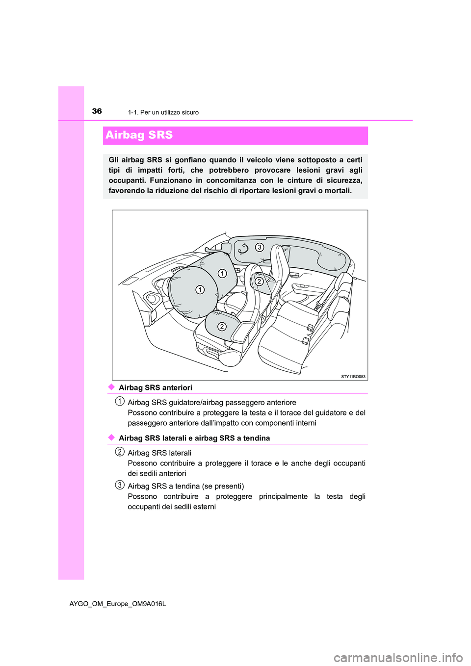 TOYOTA AYGO 2021 Manuale duso (in Italian) 361-1. Per un utilizzo sicuro
AYGO_OM_Europe_OM9A016L
Airbag SRS
◆Airbag SRS anteriori
Airbag SRS guidatore/airbag passeggero anteriore
Possono contribuire a proteggere la testa e il torace del gu TOYOTA AYGO 2021 Manuale duso (in Italian) 361-1. Per un utilizzo sicuro
AYGO_OM_Europe_OM9A016L
Airbag SRS
◆Airbag SRS anteriori
Airbag SRS guidatore/airbag passeggero anteriore
Possono contribuire a proteggere la testa e il torace del gu