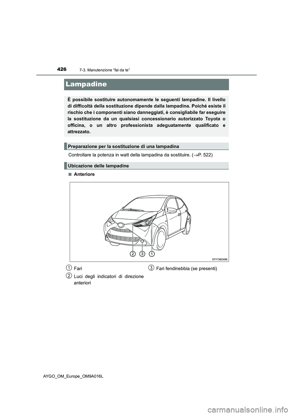 TOYOTA AYGO 2021 Manuale duso (in Italian) 4267-3. Manutenzione “fai da te”
AYGO_OM_Europe_OM9A016L
Lampadine
Controllare la potenza in watt della lampadina da sostituire. (P. 522)
■Anteriore
È possibile sostituire autonomamente le s TOYOTA AYGO 2021 Manuale duso (in Italian) 4267-3. Manutenzione “fai da te”
AYGO_OM_Europe_OM9A016L
Lampadine
Controllare la potenza in watt della lampadina da sostituire. (P. 522)
■Anteriore
È possibile sostituire autonomamente le s