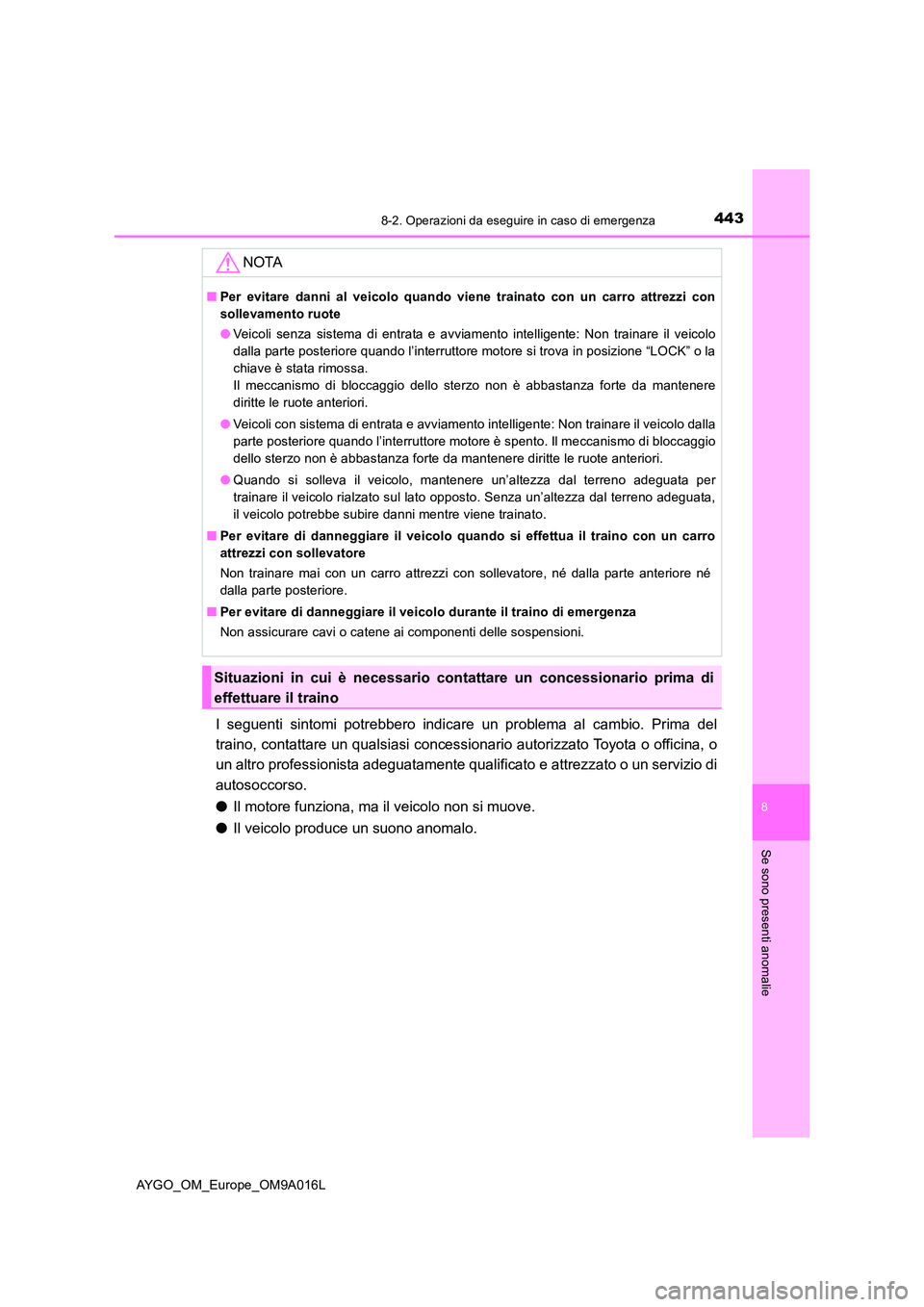 TOYOTA AYGO 2021 Manuale duso (in Italian) 4438-2. Operazioni da eseguire in caso di emergenza
8
Se sono presenti anomalie
AYGO_OM_Europe_OM9A016L
I seguenti sintomi potrebbero indicare un problema al cambio. Prima del
traino, contattare un q TOYOTA AYGO 2021 Manuale duso (in Italian) 4438-2. Operazioni da eseguire in caso di emergenza
8
Se sono presenti anomalie
AYGO_OM_Europe_OM9A016L
I seguenti sintomi potrebbero indicare un problema al cambio. Prima del
traino, contattare un q