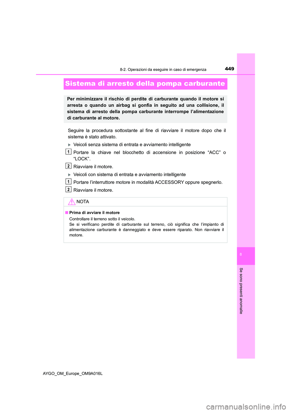 TOYOTA AYGO 2021 Manuale duso (in Italian) 4498-2. Operazioni da eseguire in caso di emergenza
8
Se sono presenti anomalie
AYGO_OM_Europe_OM9A016L
Sistema di arresto della pompa carburante
Seguire la procedura sottostante al fine di riavviare TOYOTA AYGO 2021 Manuale duso (in Italian) 4498-2. Operazioni da eseguire in caso di emergenza
8
Se sono presenti anomalie
AYGO_OM_Europe_OM9A016L
Sistema di arresto della pompa carburante
Seguire la procedura sottostante al fine di riavviare