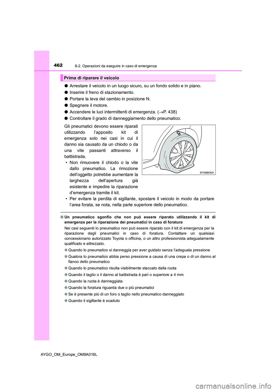 TOYOTA AYGO 2021 Manuale duso (in Italian) 4628-2. Operazioni da eseguire in caso di emergenza
AYGO_OM_Europe_OM9A016L
●Arrestare il veicolo in un luogo sicuro, su un fondo solido e in piano.
● Inserire il freno di stazionamento.
● Por TOYOTA AYGO 2021 Manuale duso (in Italian) 4628-2. Operazioni da eseguire in caso di emergenza
AYGO_OM_Europe_OM9A016L
●Arrestare il veicolo in un luogo sicuro, su un fondo solido e in piano.
● Inserire il freno di stazionamento.
● Por