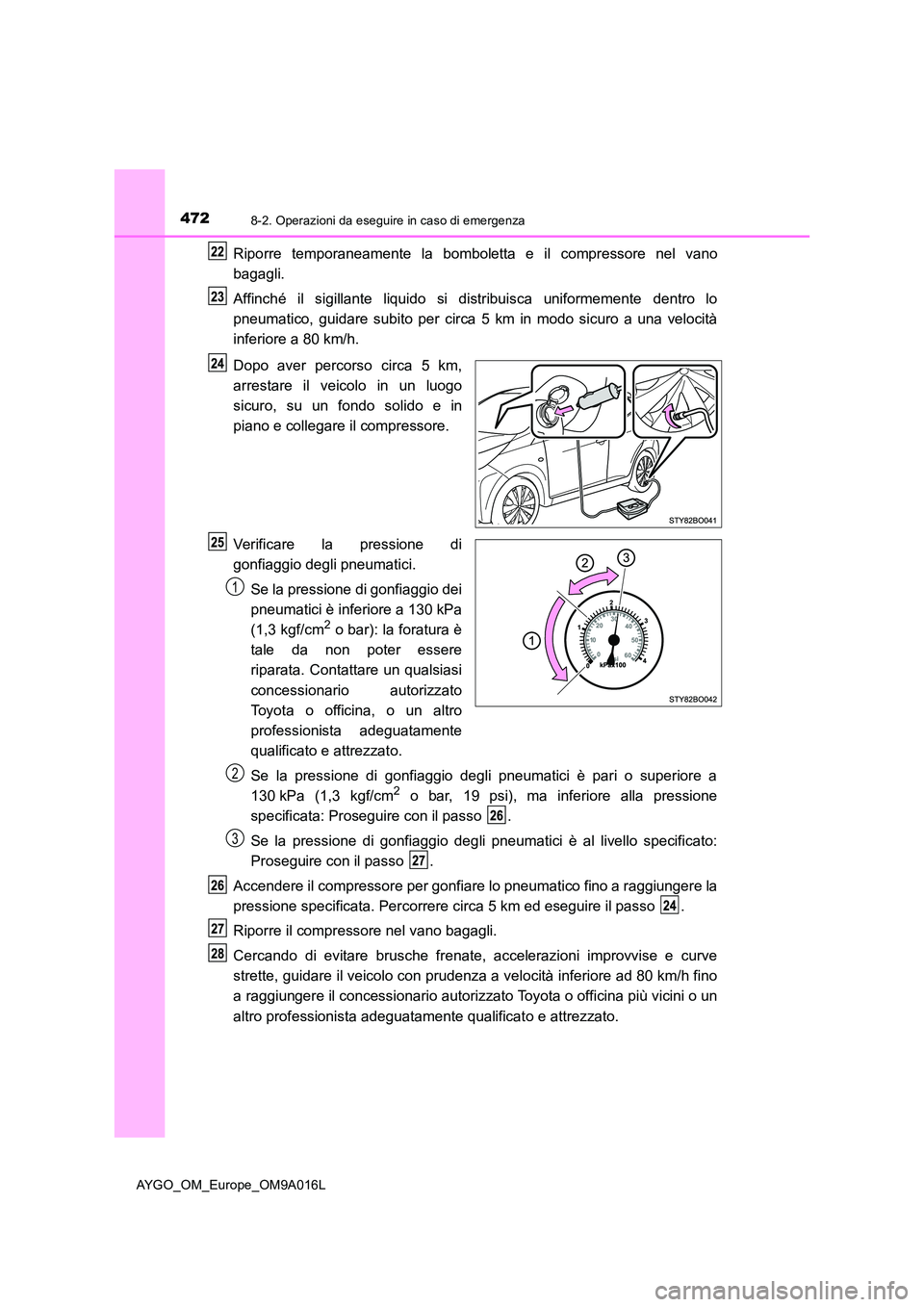 TOYOTA AYGO 2021 Manuale duso (in Italian) 4728-2. Operazioni da eseguire in caso di emergenza
AYGO_OM_Europe_OM9A016L
Riporre temporaneamente la bomboletta e il compressore nel vano
bagagli.
Affinché il sigillante liquido si distribuisca u TOYOTA AYGO 2021 Manuale duso (in Italian) 4728-2. Operazioni da eseguire in caso di emergenza
AYGO_OM_Europe_OM9A016L
Riporre temporaneamente la bomboletta e il compressore nel vano
bagagli.
Affinché il sigillante liquido si distribuisca u