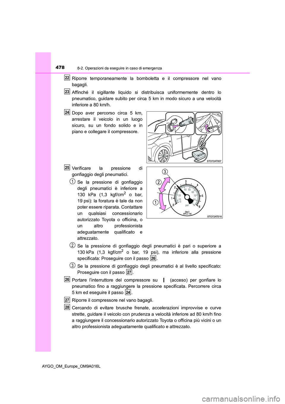 TOYOTA AYGO 2021 Manuale duso (in Italian) 4788-2. Operazioni da eseguire in caso di emergenza
AYGO_OM_Europe_OM9A016L
Riporre temporaneamente la bomboletta e il compressore nel vano
bagagli.
Affinché il sigillante liquido si distribuisca u TOYOTA AYGO 2021 Manuale duso (in Italian) 4788-2. Operazioni da eseguire in caso di emergenza
AYGO_OM_Europe_OM9A016L
Riporre temporaneamente la bomboletta e il compressore nel vano
bagagli.
Affinché il sigillante liquido si distribuisca u