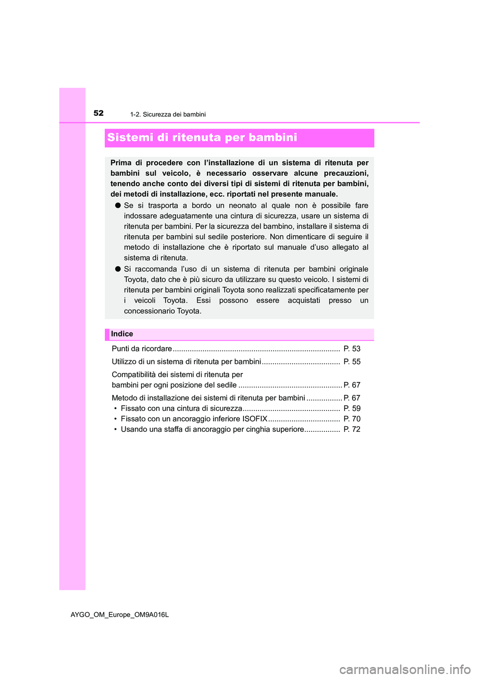 TOYOTA AYGO 2021  Manuale duso (in Italian) 521-2. Sicurezza dei bambini
AYGO_OM_Europe_OM9A016L
Sistemi di ritenuta per bambini
Punti da ricordare ...............................................................................  P. 53 
Utilizzo
