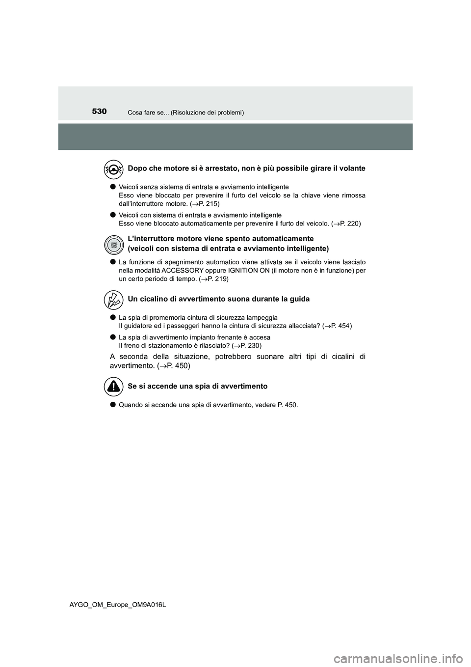 TOYOTA AYGO 2021 Manuale duso (in Italian) 530Cosa fare se... (Risoluzione dei problemi)
AYGO_OM_Europe_OM9A016L
●Veicoli senza sistema di entrata e avviamento intelligente
Esso viene bloccato per prevenire il furto del veicolo se la chiav TOYOTA AYGO 2021 Manuale duso (in Italian) 530Cosa fare se... (Risoluzione dei problemi)
AYGO_OM_Europe_OM9A016L
●Veicoli senza sistema di entrata e avviamento intelligente
Esso viene bloccato per prevenire il furto del veicolo se la chiav