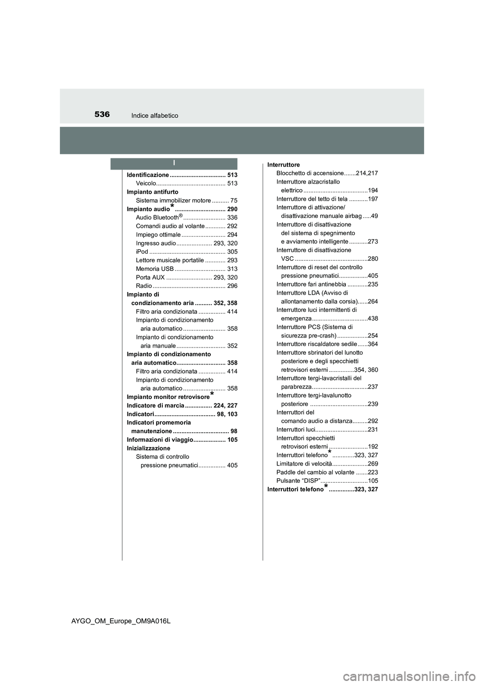 TOYOTA AYGO 2021 Manuale duso (in Italian) 536Indice alfabetico
AYGO_OM_Europe_OM9A016L
Identificazione ................................. 513
Veicolo......................................... 513
Impianto antifurto
Sistema immobilizer motore .. TOYOTA AYGO 2021 Manuale duso (in Italian) 536Indice alfabetico
AYGO_OM_Europe_OM9A016L
Identificazione ................................. 513
Veicolo......................................... 513
Impianto antifurto
Sistema immobilizer motore ..
