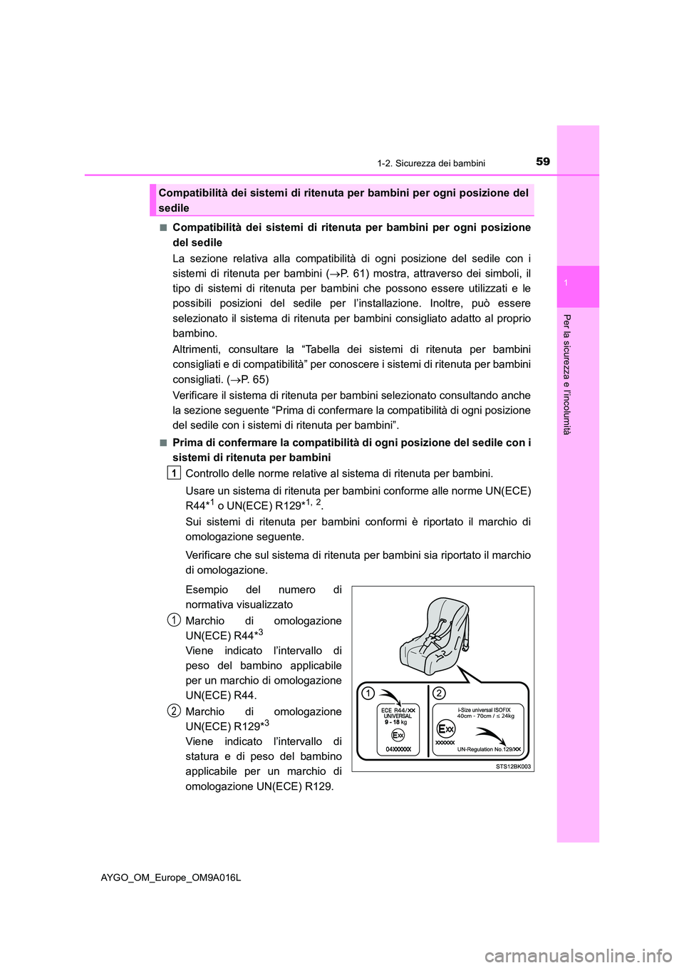 TOYOTA AYGO 2021 Manuale duso (in Italian) 591-2. Sicurezza dei bambini
1
Per la sicurezza e l’incolumità
AYGO_OM_Europe_OM9A016L
■Compatibilità dei sistemi di ritenuta per bambini per ogni posizione
del sedile
La sezione relativa all TOYOTA AYGO 2021 Manuale duso (in Italian) 591-2. Sicurezza dei bambini
1
Per la sicurezza e l’incolumità
AYGO_OM_Europe_OM9A016L
■Compatibilità dei sistemi di ritenuta per bambini per ogni posizione
del sedile
La sezione relativa all