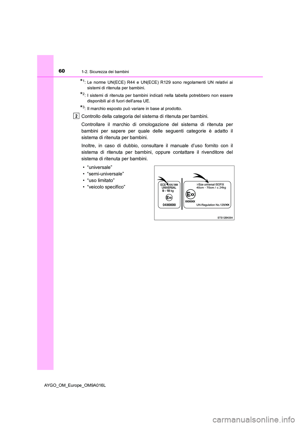 TOYOTA AYGO 2021 Manuale duso (in Italian) 601-2. Sicurezza dei bambini
AYGO_OM_Europe_OM9A016L
*1: Le norme UN(ECE) R44 e UN(ECE) R129 sono regolamenti UN relativi ai
sistemi di ritenuta per bambini.
*2: I sistemi di ritenuta per bambini ind TOYOTA AYGO 2021 Manuale duso (in Italian) 601-2. Sicurezza dei bambini
AYGO_OM_Europe_OM9A016L
*1: Le norme UN(ECE) R44 e UN(ECE) R129 sono regolamenti UN relativi ai
sistemi di ritenuta per bambini.
*2: I sistemi di ritenuta per bambini ind