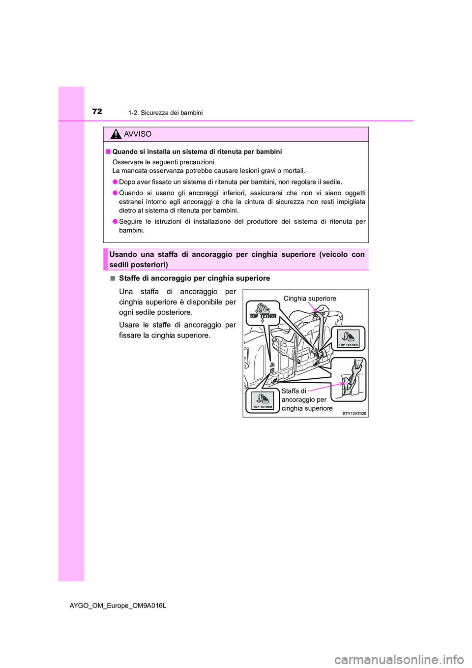TOYOTA AYGO 2021 Manuale duso (in Italian) 721-2. Sicurezza dei bambini
AYGO_OM_Europe_OM9A016L
■Staffe di ancoraggio per cinghia superiore
Una staffa di ancoraggio per
cinghia superiore è disponibile per
ogni sedile posteriore.
Usare TOYOTA AYGO 2021 Manuale duso (in Italian) 721-2. Sicurezza dei bambini
AYGO_OM_Europe_OM9A016L
■Staffe di ancoraggio per cinghia superiore
Una staffa di ancoraggio per
cinghia superiore è disponibile per
ogni sedile posteriore.
Usare