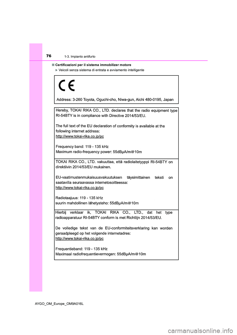 TOYOTA AYGO 2021 Manuale duso (in Italian) 761-3. Impianto antifurto
AYGO_OM_Europe_OM9A016L
■ Certificazioni per il sistema immobilizer motore
Veicoli senza sistema di entrata e avviamento intelligente TOYOTA AYGO 2021 Manuale duso (in Italian) 761-3. Impianto antifurto
AYGO_OM_Europe_OM9A016L
■ Certificazioni per il sistema immobilizer motore
Veicoli senza sistema di entrata e avviamento intelligente