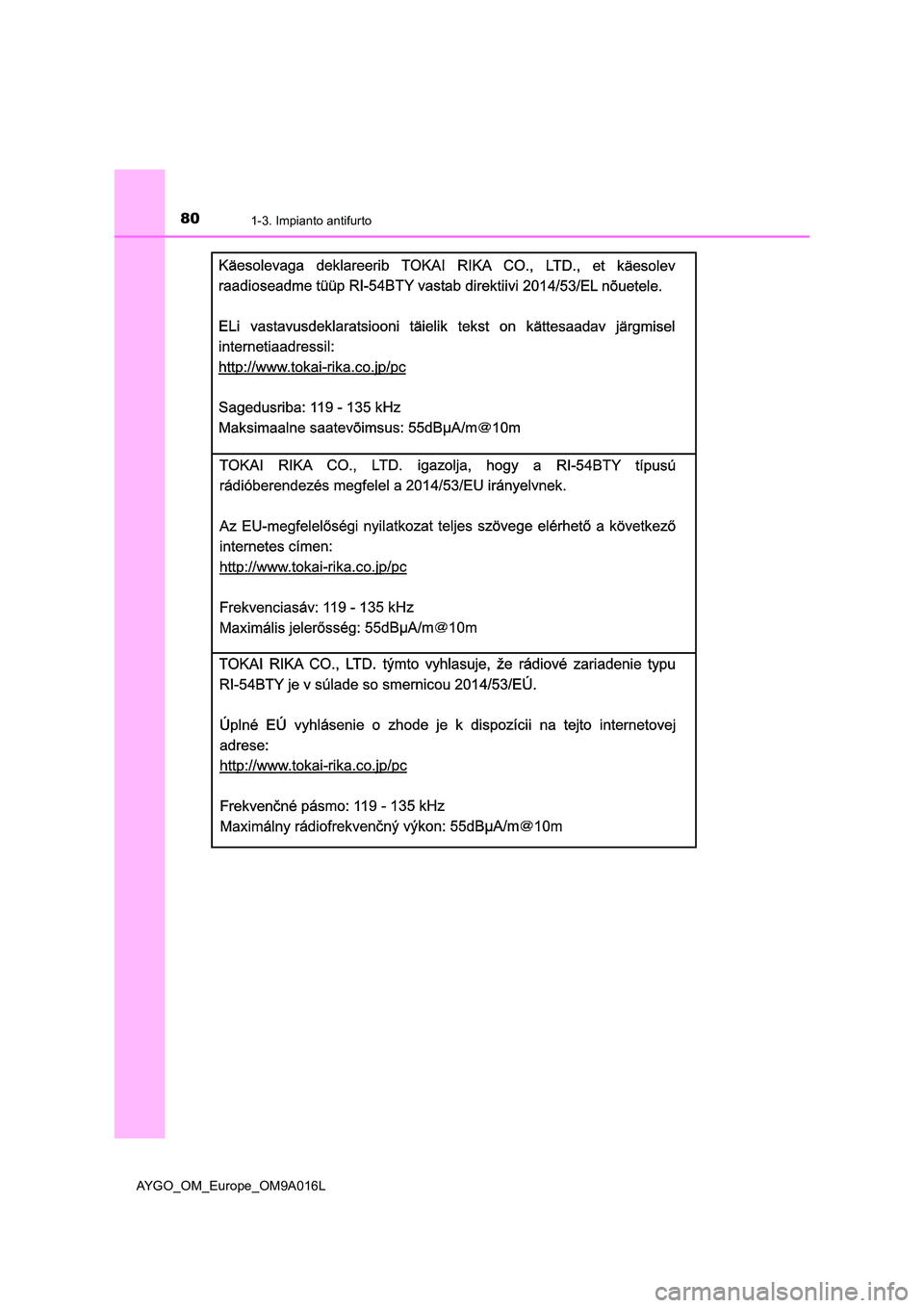 TOYOTA AYGO 2021 Manuale duso (in Italian) 801-3. Impianto antifurto
AYGO_OM_Europe_OM9A016L TOYOTA AYGO 2021 Manuale duso (in Italian) 801-3. Impianto antifurto
AYGO_OM_Europe_OM9A016L