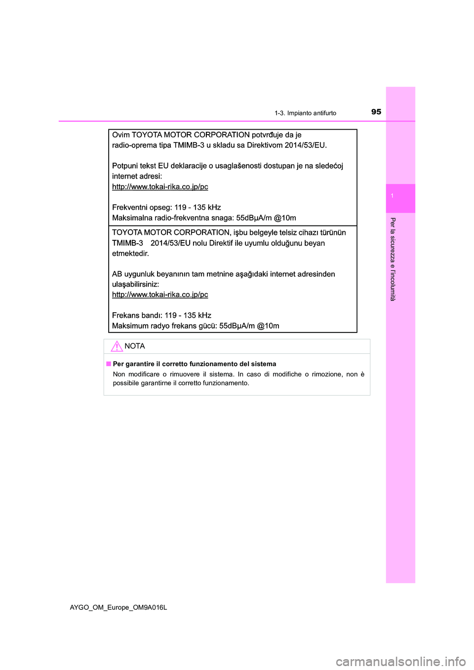 TOYOTA AYGO 2021  Manuale duso (in Italian) 951-3. Impianto antifurto
1
Per la sicurezza e l’incolumità
AYGO_OM_Europe_OM9A016L
NOTA
■Per garantire il corretto funzionamento del sistema 
Non modificare o rimuovere il sistema. In caso di mo