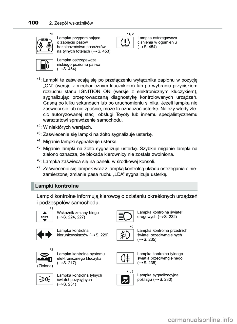 TOYOTA AYGO 2021  Instrukcja obsługi (in Polish) *1: Lampki  te  zaÊwiecajà  si´  po  prze∏àczeniu  wy∏àcznika  zap∏onu  w pozycj´
„ON”  (wersje  z mechanicznym  kluczykiem)  lub  po  wybraniu  przyciskiem
rozruchu  stanu  IGNITION  