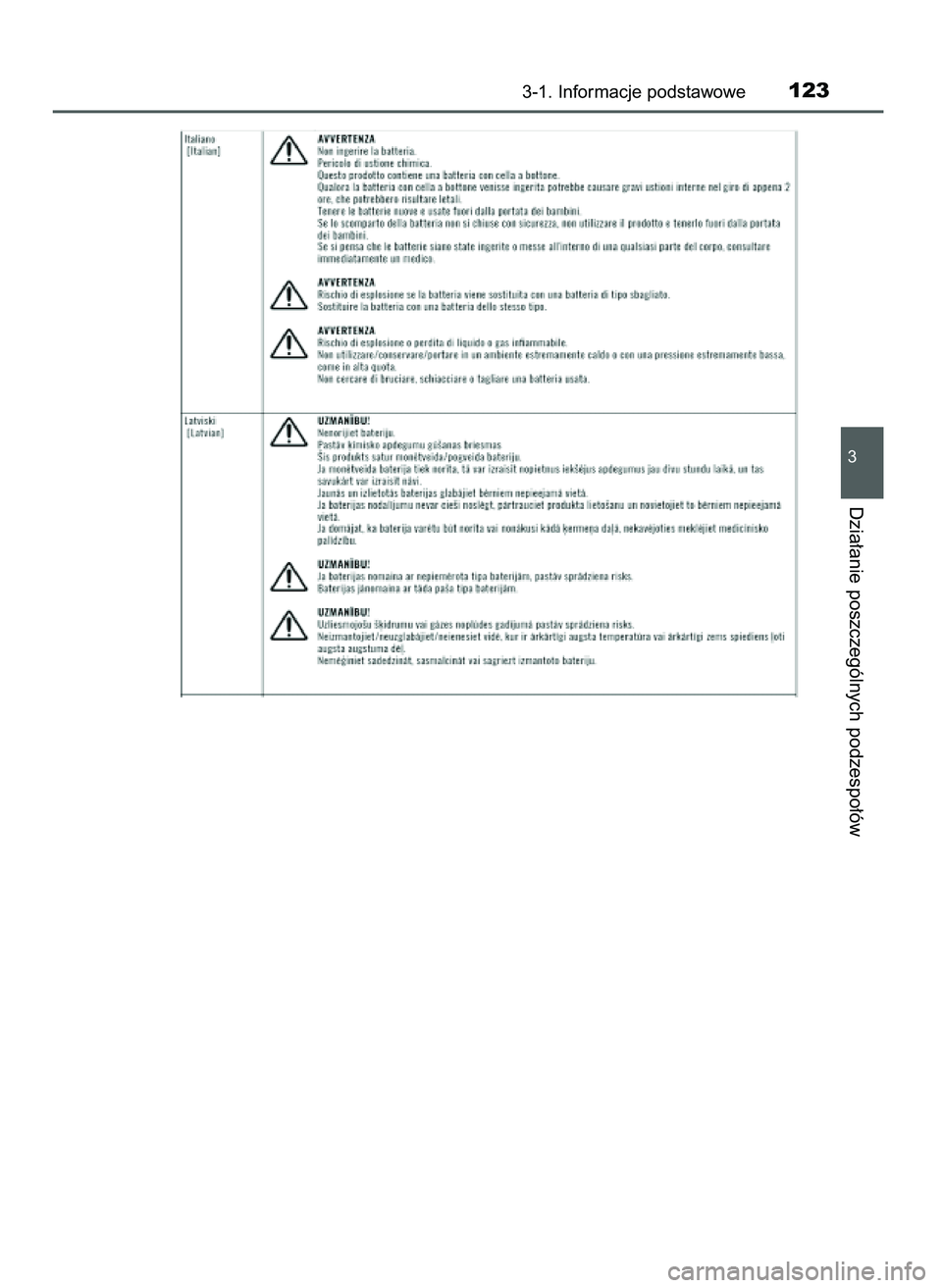 TOYOTA AYGO 2021 Instrukcja obsługi (in Polish) 3-1. Informacje podstawowe123
3
Dzia∏anie poszczególnych podzespo∏ów
59 AYGO OM9A012E 25/11/20 16:45 Page 123 (Black plate) TOYOTA AYGO 2021 Instrukcja obsługi (in Polish) 3-1. Informacje podstawowe123
3
Dzia∏anie poszczególnych podzespo∏ów
59 AYGO OM9A012E 25/11/20 16:45 Page 123 (Black plate)