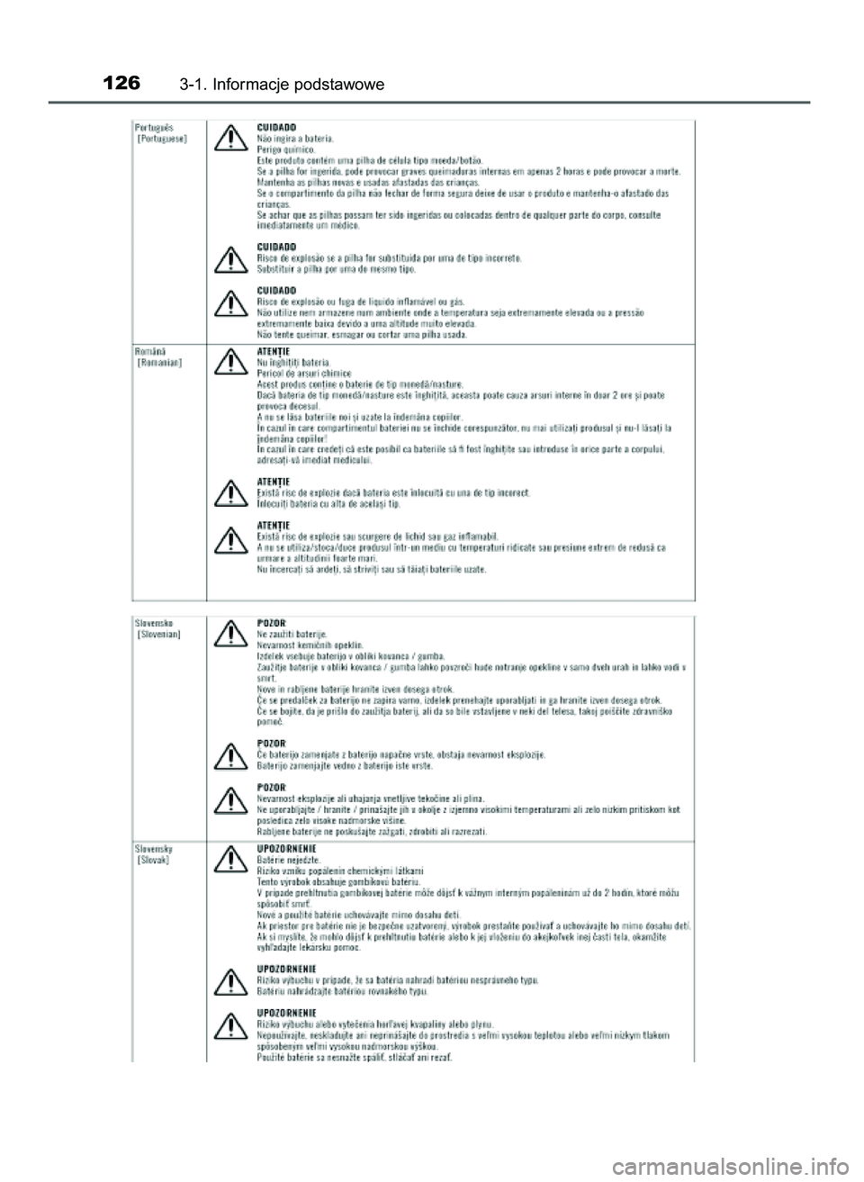 TOYOTA AYGO 2021 Instrukcja obsługi (in Polish) 1263-1. Informacje podstawowe
59 AYGO OM9A012E 25/11/20 16:45 Page 126 (Black plate) TOYOTA AYGO 2021 Instrukcja obsługi (in Polish) 1263-1. Informacje podstawowe
59 AYGO OM9A012E 25/11/20 16:45 Page 126 (Black plate)