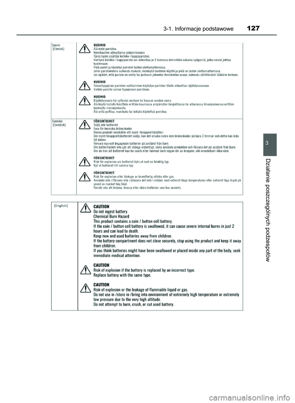 TOYOTA AYGO 2021 Instrukcja obsługi (in Polish) 3-1. Informacje podstawowe127
3
Dzia∏anie poszczególnych podzespo∏ów
59 AYGO OM9A012E 25/11/20 16:45 Page 127 (Black plate) TOYOTA AYGO 2021 Instrukcja obsługi (in Polish) 3-1. Informacje podstawowe127
3
Dzia∏anie poszczególnych podzespo∏ów
59 AYGO OM9A012E 25/11/20 16:45 Page 127 (Black plate)