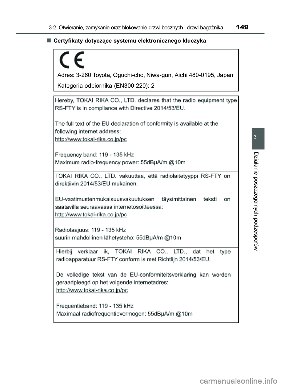 TOYOTA AYGO 2021  Instrukcja obsługi (in Polish) Certyfikaty dotyczàce systemu elektronicznego kluczyka
3-2. Otwieranie, zamykanie oraz blokowanie drzwi bocznych i drzwi baga˝nika149
3
Dzia∏anie poszczególnych podzespo∏ów
Adres: 3-260 Toyota