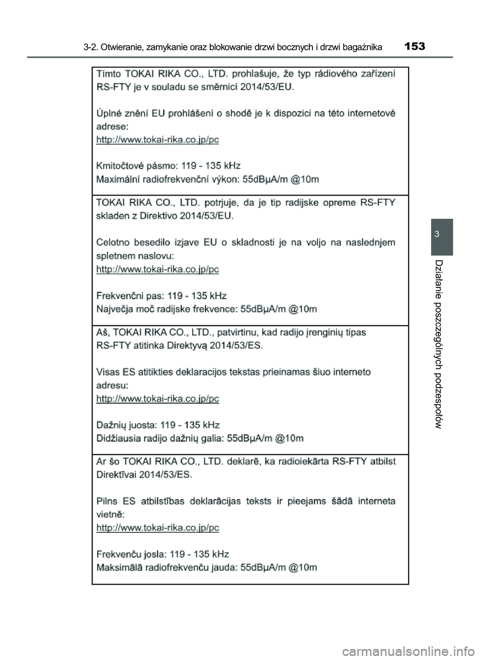 TOYOTA AYGO 2021  Instrukcja obsługi (in Polish) 3-2. Otwieranie, zamykanie oraz blokowanie drzwi bocznych i drzwi baga˝nika153
3
Dzia∏anie poszczególnych podzespo∏ów
59 AYGO OM9A012E  25/11/20  16:45  Page 153    (Black plate) 