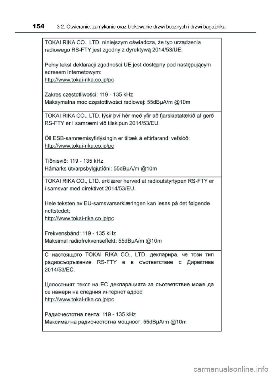 TOYOTA AYGO 2021  Instrukcja obsługi (in Polish) 1543-2. Otwieranie, zamykanie oraz blokowanie drzwi bocznych i drzwi baga˝nika
59 AYGO OM9A012E  25/11/20  16:45  Page 154    (Black plate) 
