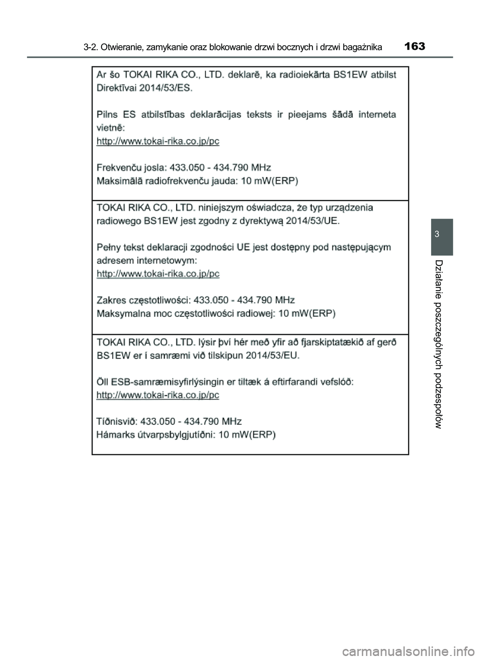 TOYOTA AYGO 2021  Instrukcja obsługi (in Polish) 3-2. Otwieranie, zamykanie oraz blokowanie drzwi bocznych i drzwi baga˝nika163
3
Dzia∏anie poszczególnych podzespo∏ów
59 AYGO OM9A012E  25/11/20  16:45  Page 163    (Black plate) 